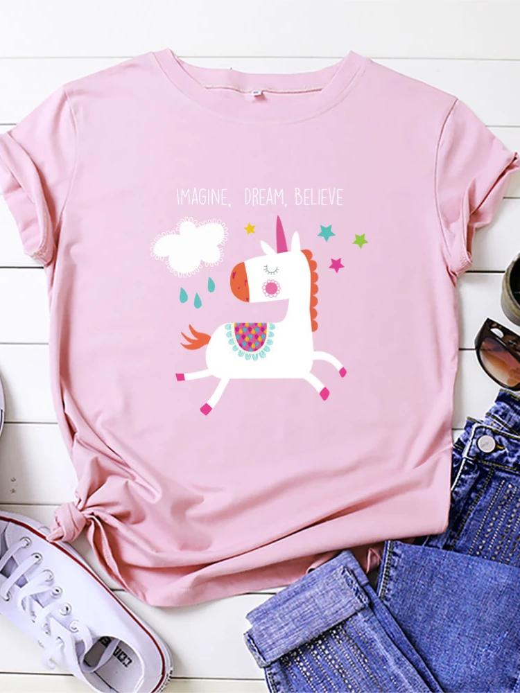Imagine Dream Believe Horse Print Women T Shirt Short Sleeve O Neck Loose Women Tshirt Ladies Tee Shirt Tops Camisetas Mujer