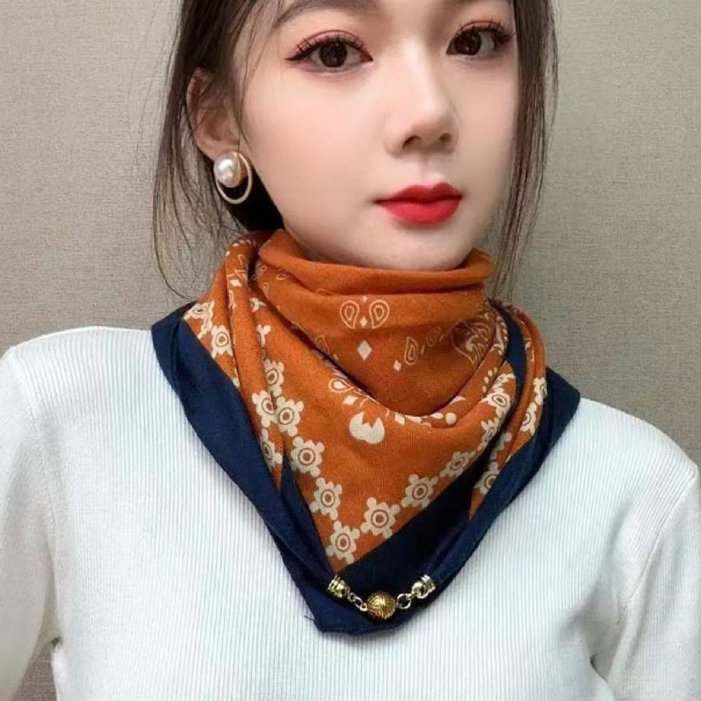 Magnetic buckle cotton and linen small square scarf silk scarf women's spring and autumn versatile neck protection scarf triangular scarf new warm sca
