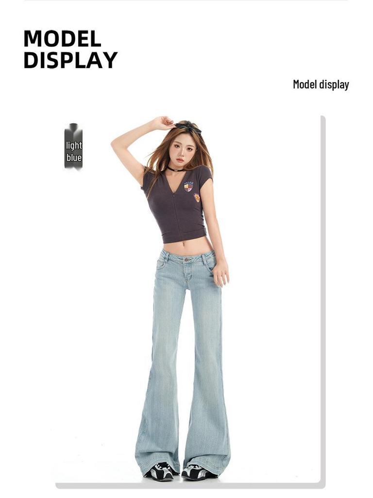 Light Blue Women's Retro Low Waist Micro Flare Jeans with Bamboo Texture - Elastic and Slimming Hot Girl Style