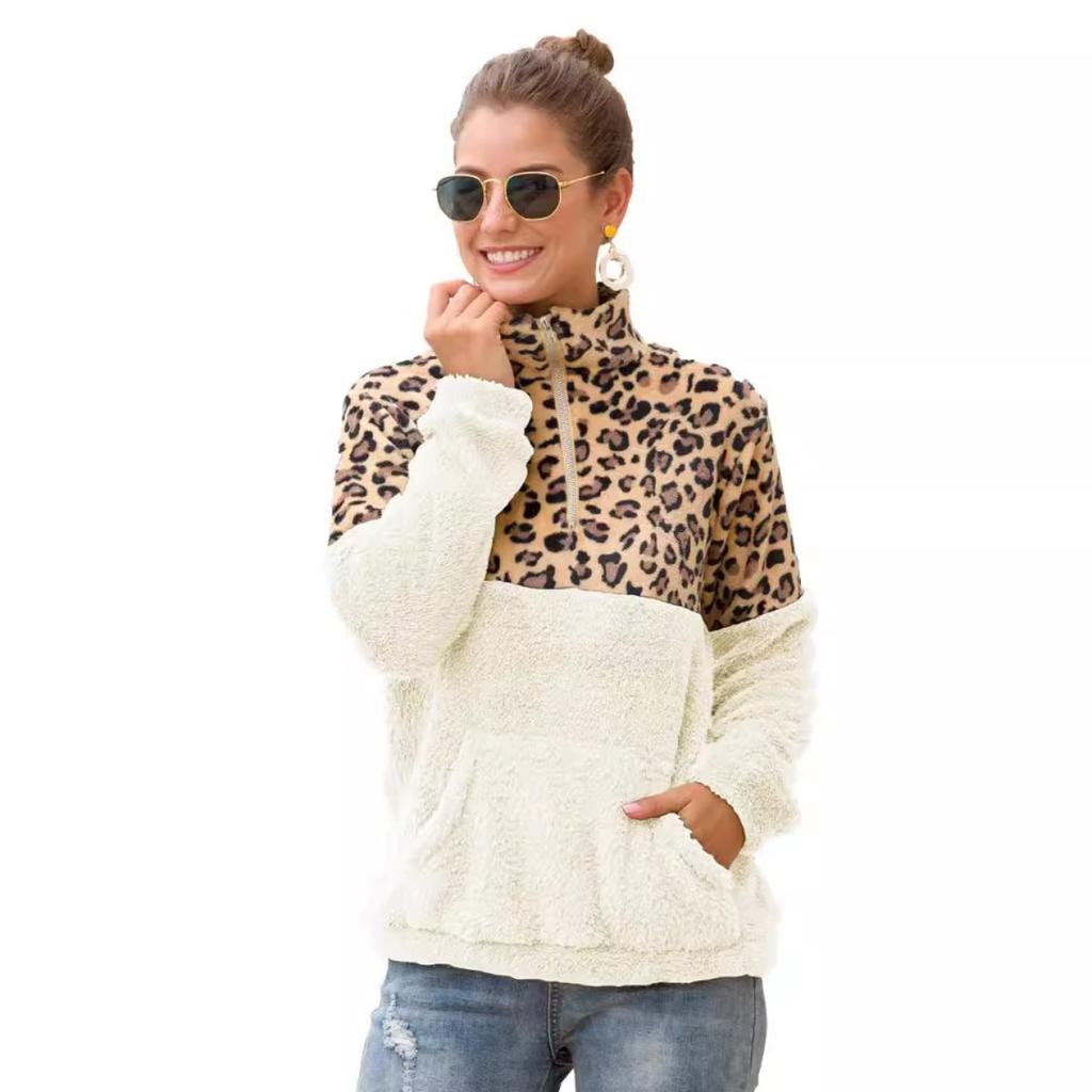 Women's Half Zip Stand Collar Long Sleeve Leopard Patchwork Sweatshirt Loose Fit Casual Fleece Pullover Top