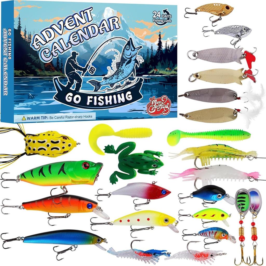 Fishing Tackle Advent Calendar Fishing Lures Set Fishing Gear Countdown Calendar Adults Kids Men Women Christmas Fish Bait Gifts