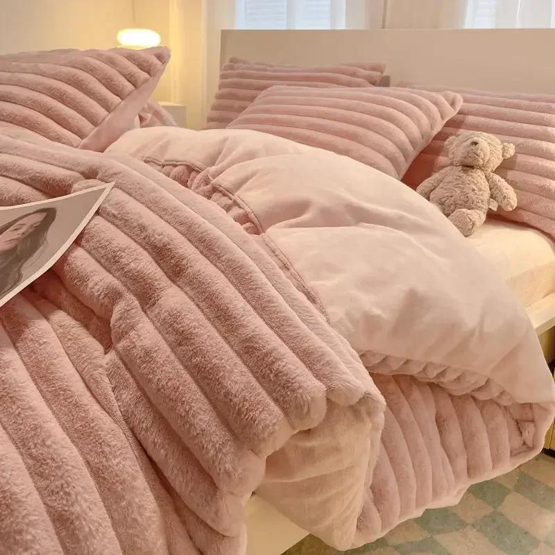 1.2M Bed Winter Plush Four Piece Set Double Sided AB Style Comfortable Keep Warm Quilt Cover Dormitory 3-piece Bed Sheet Set