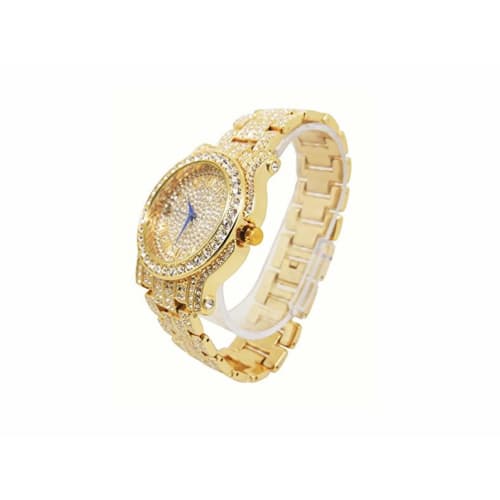 Bling-ed Out Round Luxury Men's Watch with Bling-ed Out Cuban Bracelet - L0504B - Gold/Gold