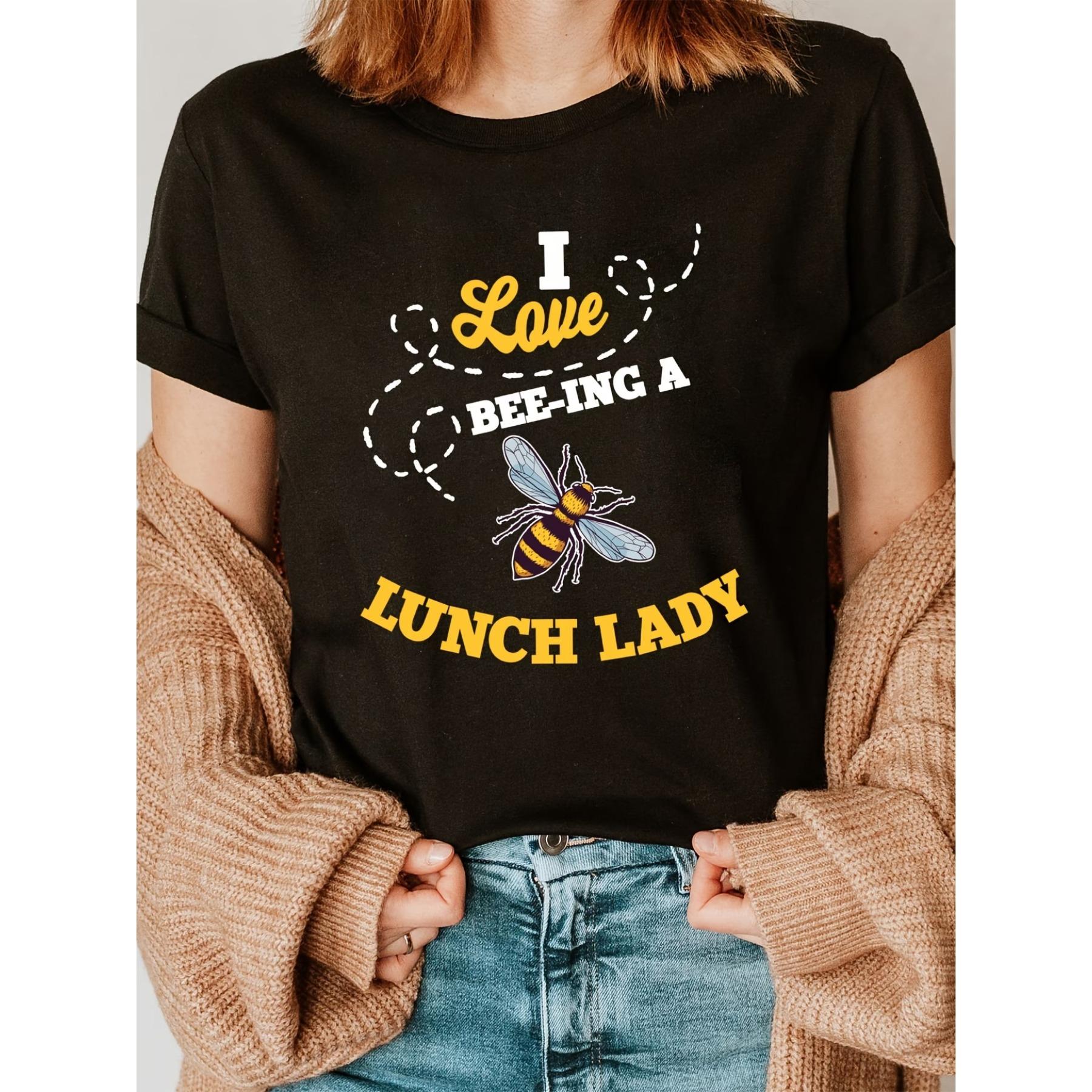 

Bee Print Crew Neck T-shirt, Short Sleeve Casual Top for Summer & Spring, Women s Clothing S чёрный