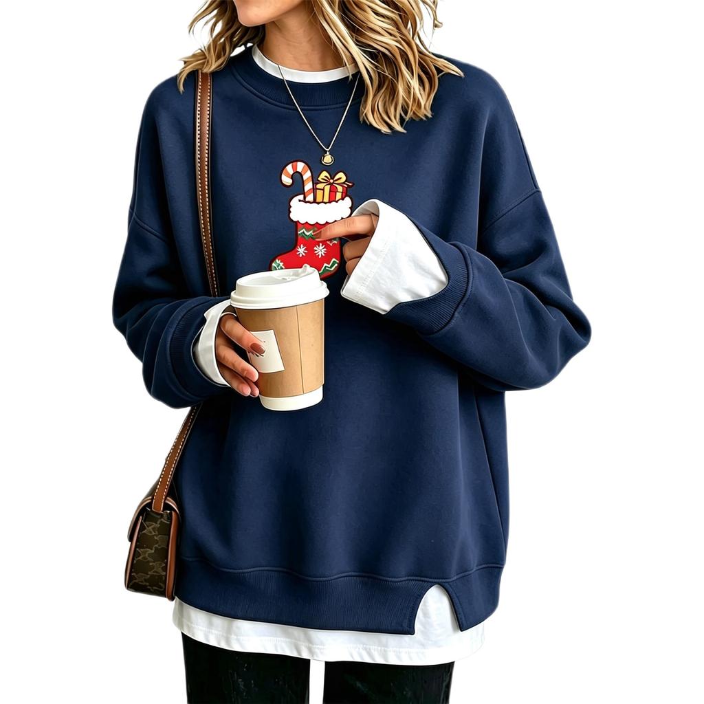 Women's Casual Christmas Print Loose Fit Long Sleeve Layering Sweatshirt