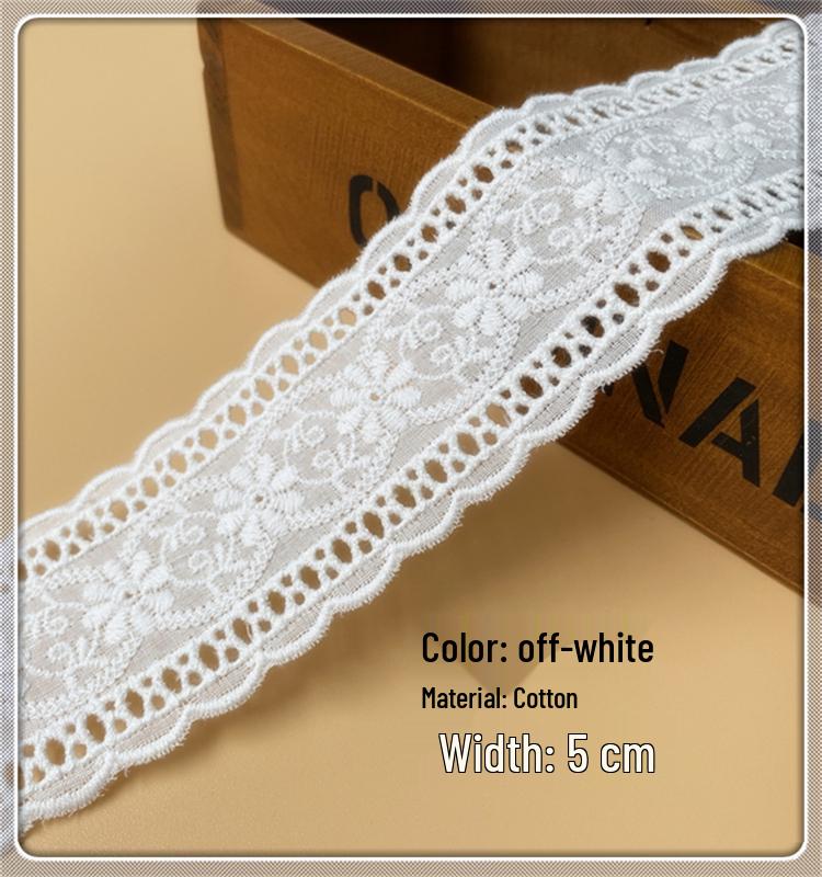 Off-White Lace Trim Embroidery Cloth for Skirt Hem Decoration - Pure Cotton, Double-Locked Edge