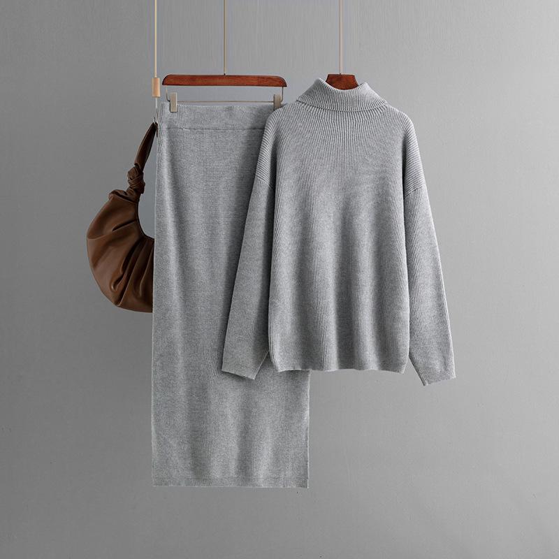 Pullover sweater two-piece set women's autumn and winter new solid color split knitted skirt set