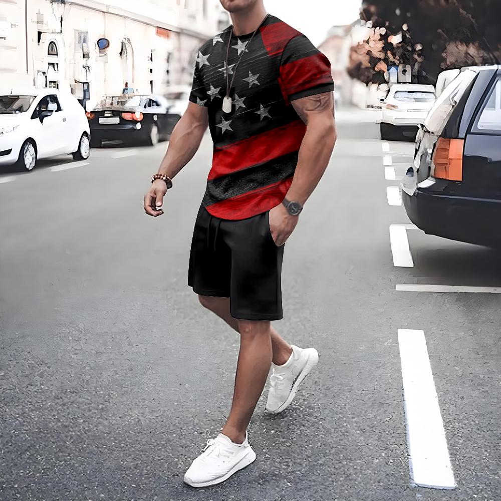 American Flag Print Short Sleeve Tee Shorts Set Casual Men's T-shirt Shorts 2-piece Set Quick Drying Breathable Mesh T Shirt