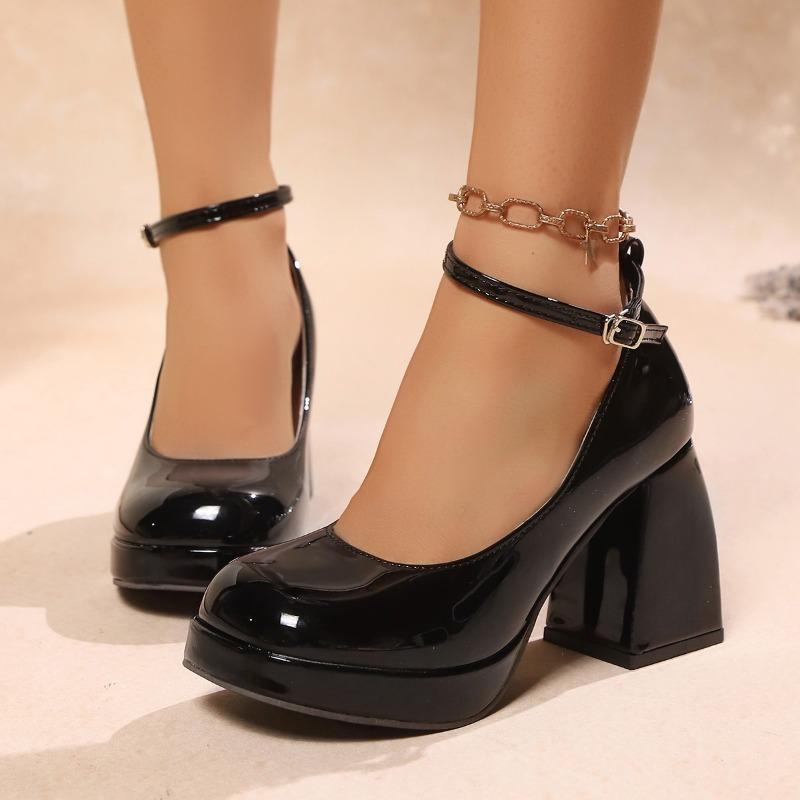 Fashion Shoes Female 2025 Mary Janes Women's High Heels Chunky Heels Plus Size Buckle Strap Platform Shallow Pumps for Fashion Party