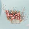 Handmade Forest Bridal Hair Comb With Gold Leaves And Pink Flowers Elegant Wedding Updo Hair Accessories For Brides