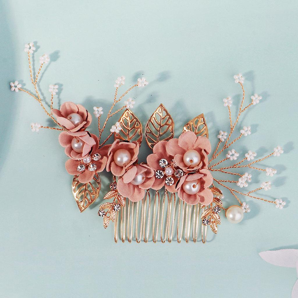 Handmade Forest Bridal Hair Comb With Gold Leaves And Pink Flowers Elegant Wedding Updo Hair Accessories For Brides