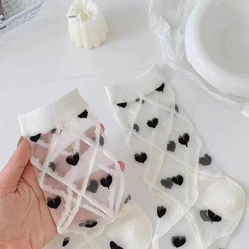 Sweet and Pure Summer Transparent Thin Crystal Silk Heart-shaped Glass Fiber Mid-calf Socks