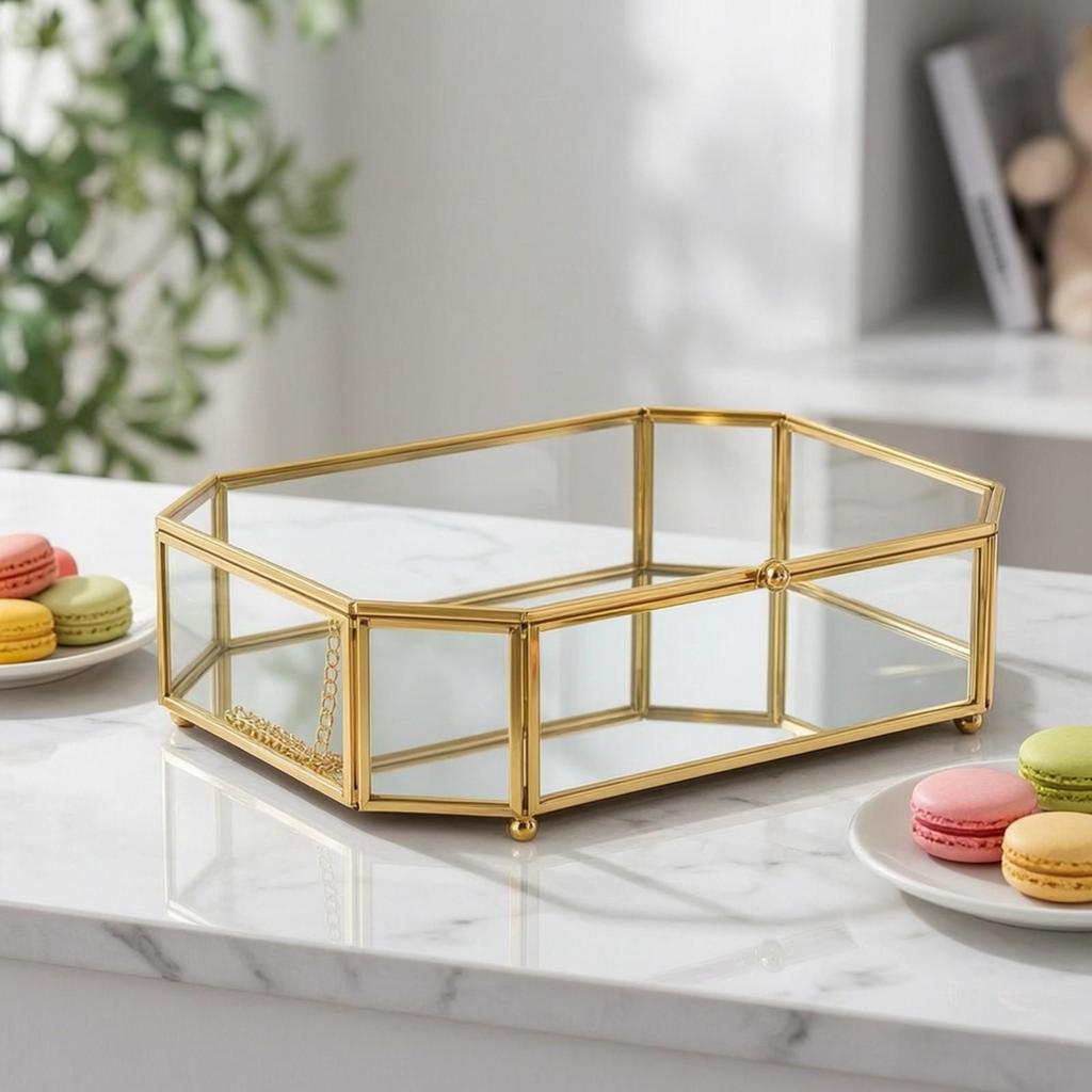 Geometric Glass Jewelry Storage Box Transparent for Dresser, Countertop
