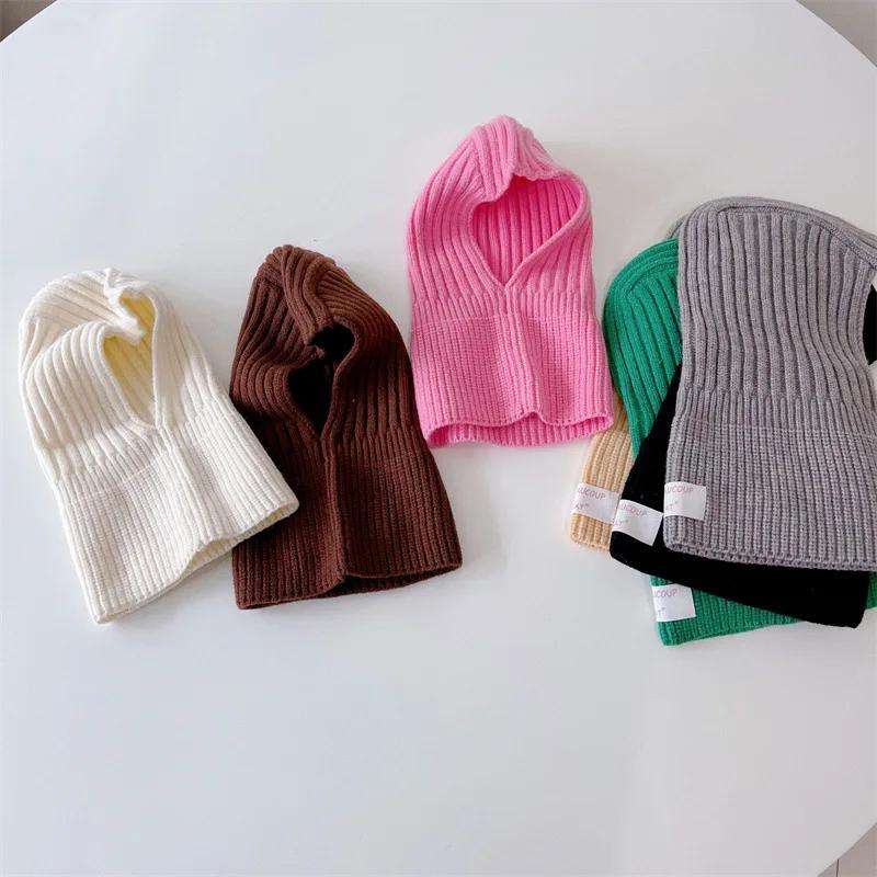 Gestrickte Baby Mütze Kapuzenschal Warm Einfarbig Einteiliger Schal Winter Kinder Kleinkind Jungen Mädchen Mützen