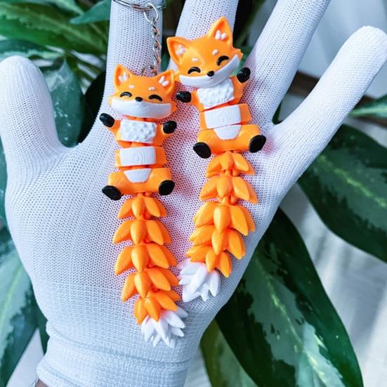 Keychain Cartoon Cat Fox Design with Metal Ring Keychain Pendant 3D Printed Movable Joints Flexible Body