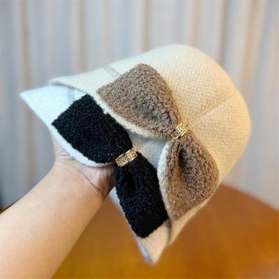 Hut Damen Herbst- und Wintermode Warm Schleife Fischerhut Bucket Hat Koreanischer Stil Vielseitiger Strick-Basin-Hut