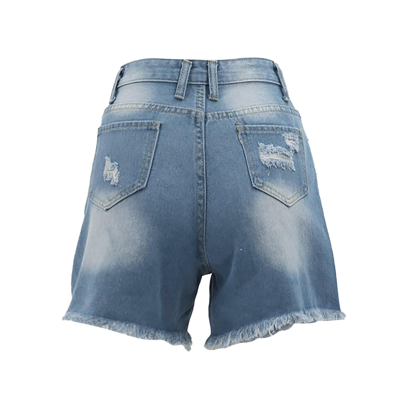 

Женские повседневные джинсовые шорты со средней талией, эластичные джинсовые шорты с карманами и рваной бахромой L синий