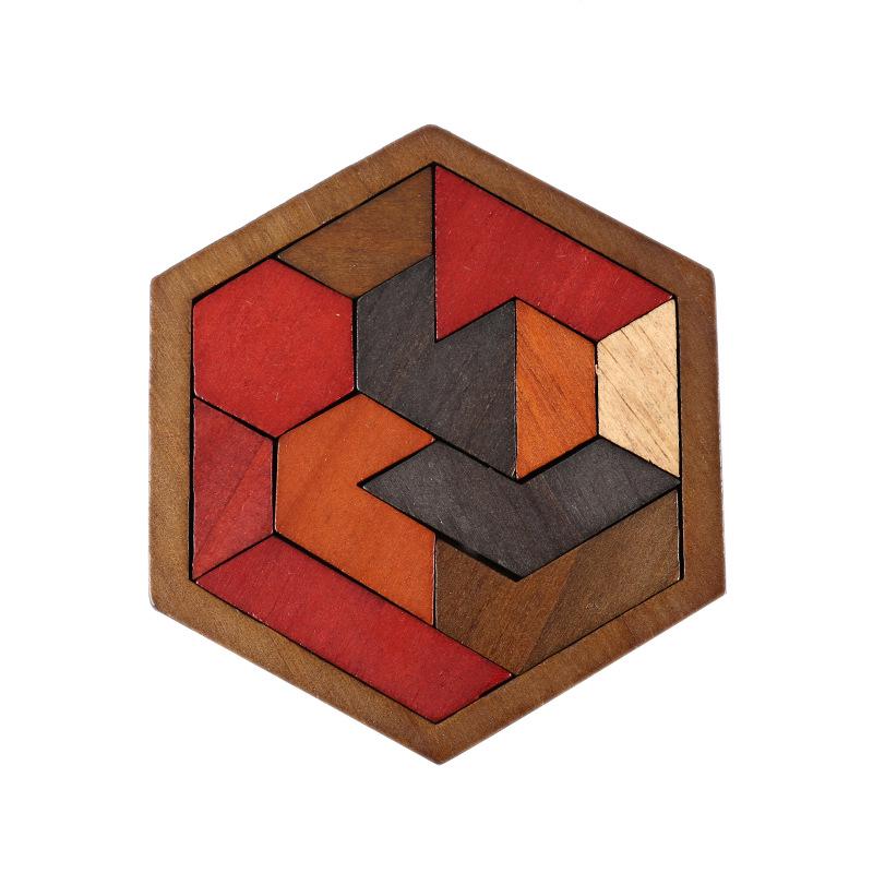 Hexagonal Shape Chess Puzzle - Seven Pieces, 11 Blocks Educational Wooden Toy for Kids
