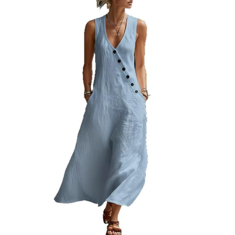 Summer V-neck Sleeveless Fashion Dress Vacation Leisure Elegant A-line Party Loose Dresses Plus Size Beveled Buttons Solid Color Casual Long Dress