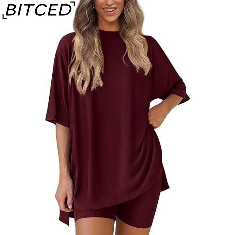 BITCED Women's Spring/Summer Loose-Fit Fashion Solid-Colour Casual Short-Sleeved Top and Shorts Two-Piece Set