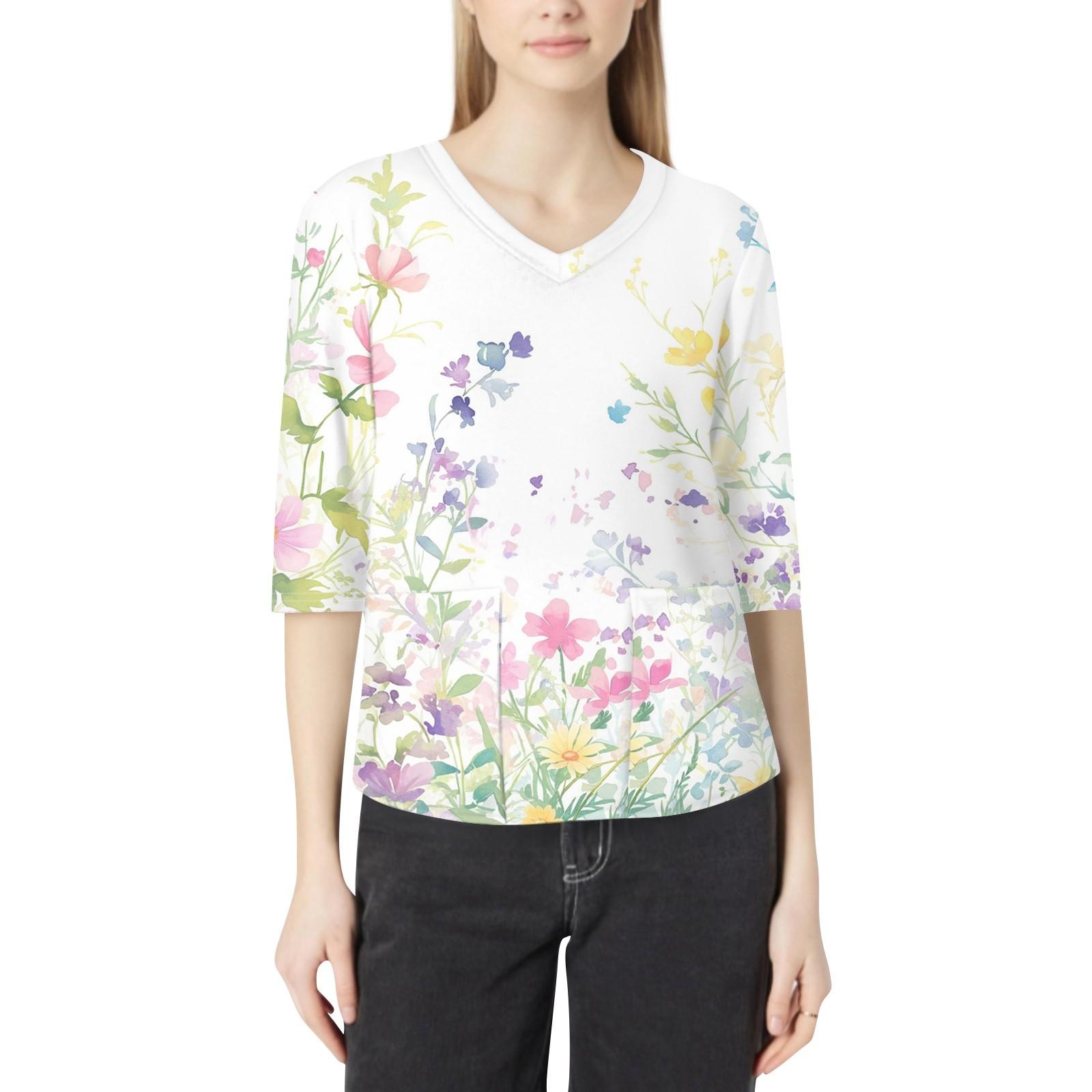 

Модная женская рабочая одежда с v-образным вырезом и рукавами 3/4, свободные топы с карманами и принтом XL белый