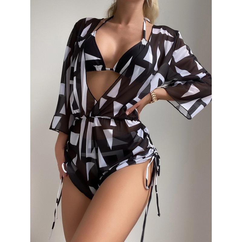 

Женский раздельный купальник-бикини из трех частей - Раздельный дизайн, Высококлассный европейский и американский стиль Double Extra Large (XXL) чёрный