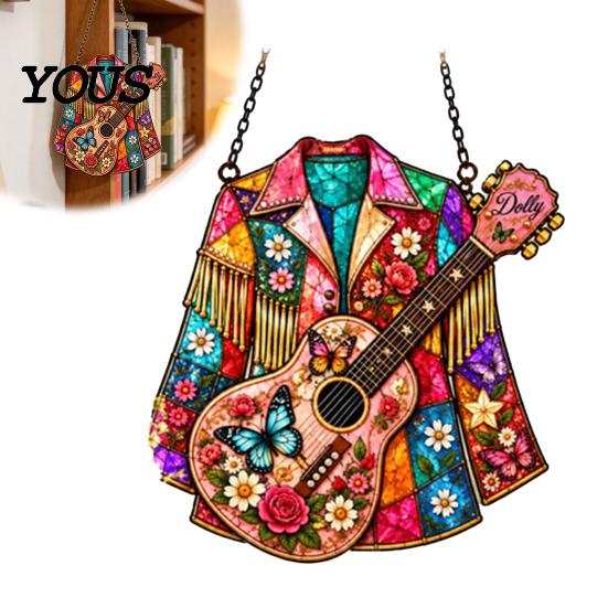 Decorative Hanging Pendant Western Country Art Suncatcher, Jacket & Guitar Stained Glass Style Sun Catcher, Indoor Wall Decor 2D Acrylic Ornament for