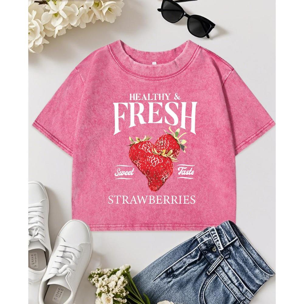 Healthy Fresh Strawberries Print Washed Slim T-Shirt Women Vintage Y2K T Shirts O-Neck Cool Clothes Short Sleeve