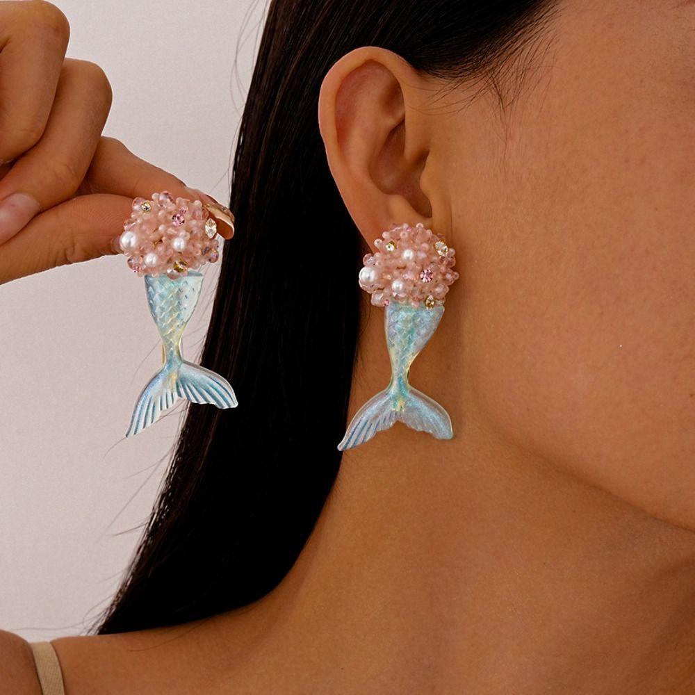 Cute Fishtail Drop Earrings Pearl Beach Style Earrings Sweet Mermaid Resin Earrings  Beach