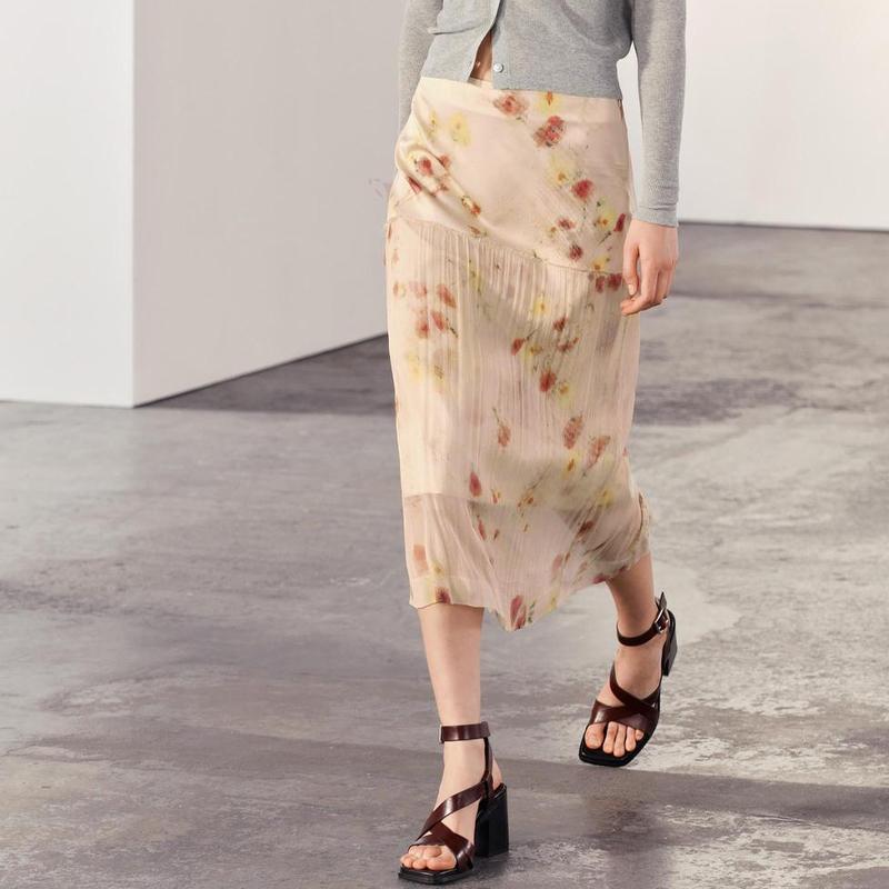 Zara Transparent Floral Versatile Mid-Rise Midi Casual Skirt Women skirts Pink 4043046-620