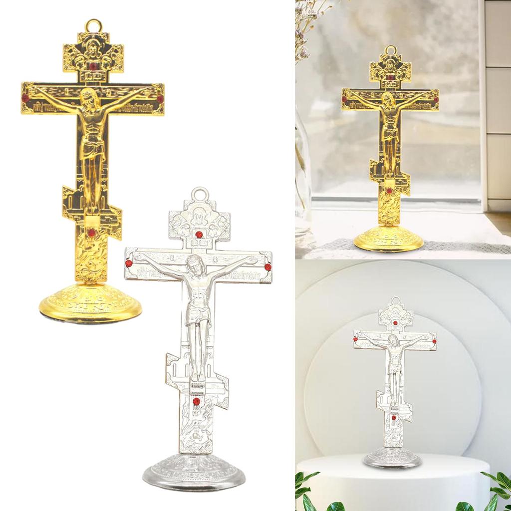 Jesus Cross for Desk 6.7x14cm with Base Religious Gifts Tabletop Ornaments Standing Crucifix Metal Jesus Cross Statue