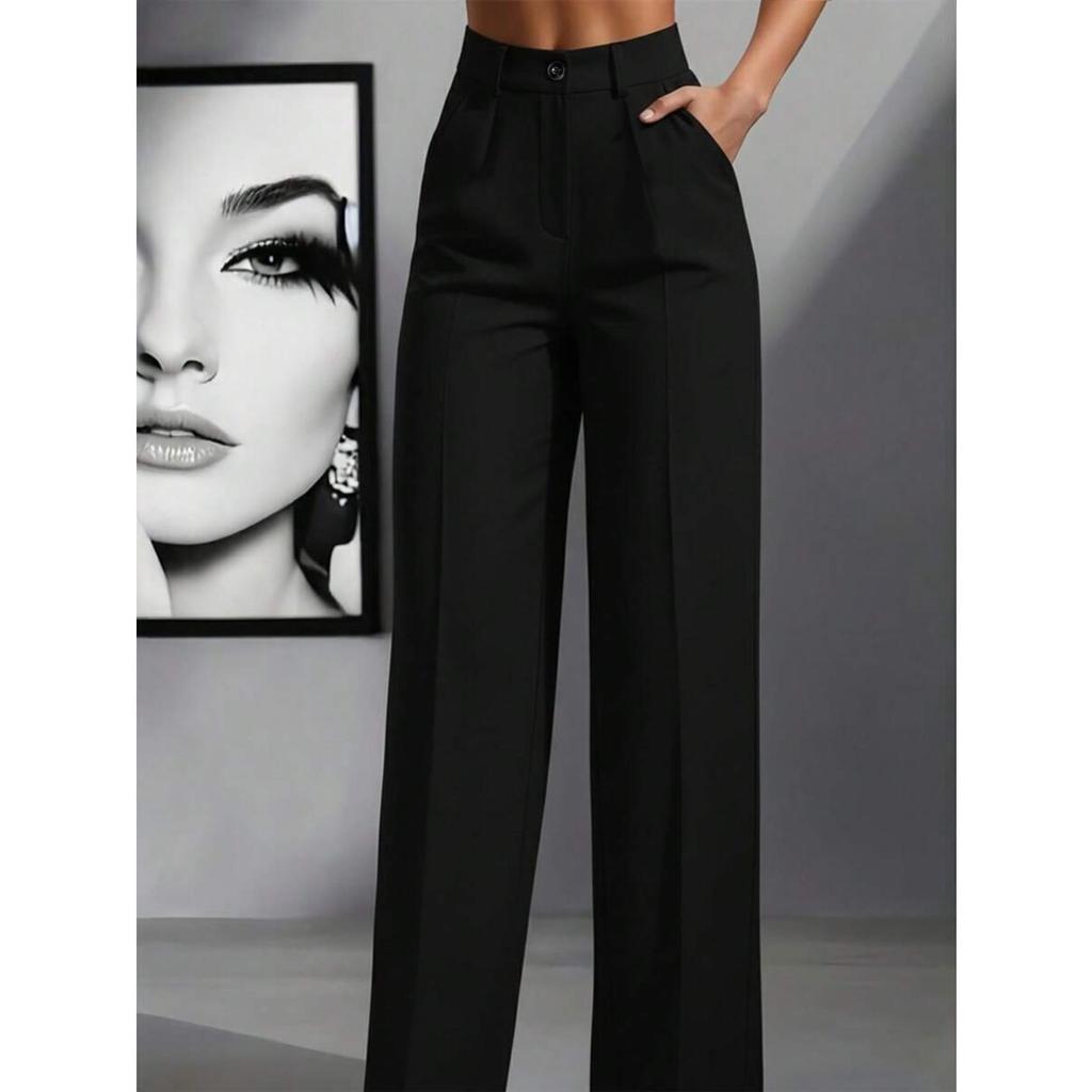 Jednokolorowe spodnie casual, Damskie spodnie z wysokim stanem, plisowane, luźne, Spodnie do pracy