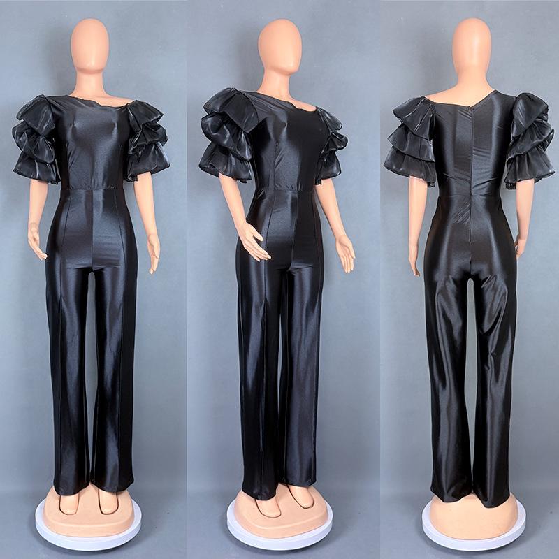 Women's One-Shoulder Stacked Sleeve Jumpsuit Party Dress 5813