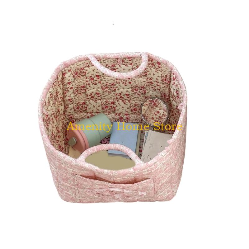 F26C Floral Pattern Quilted Cotton Storage Basket Foldable Lightweight with Handles for Home Laundry Toy Organization
