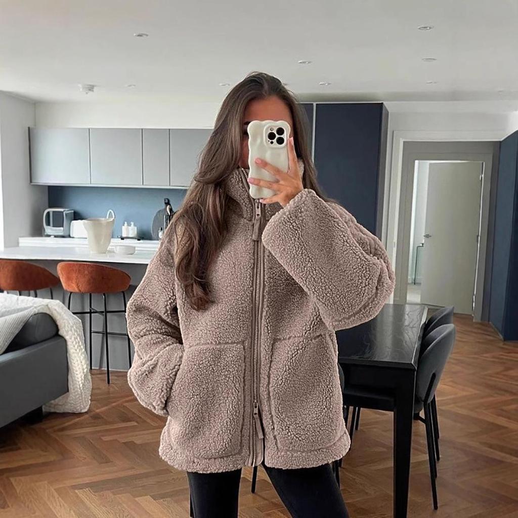 2024 European-American Style Women's High Neck Lamb Wool Blend Plush Coat