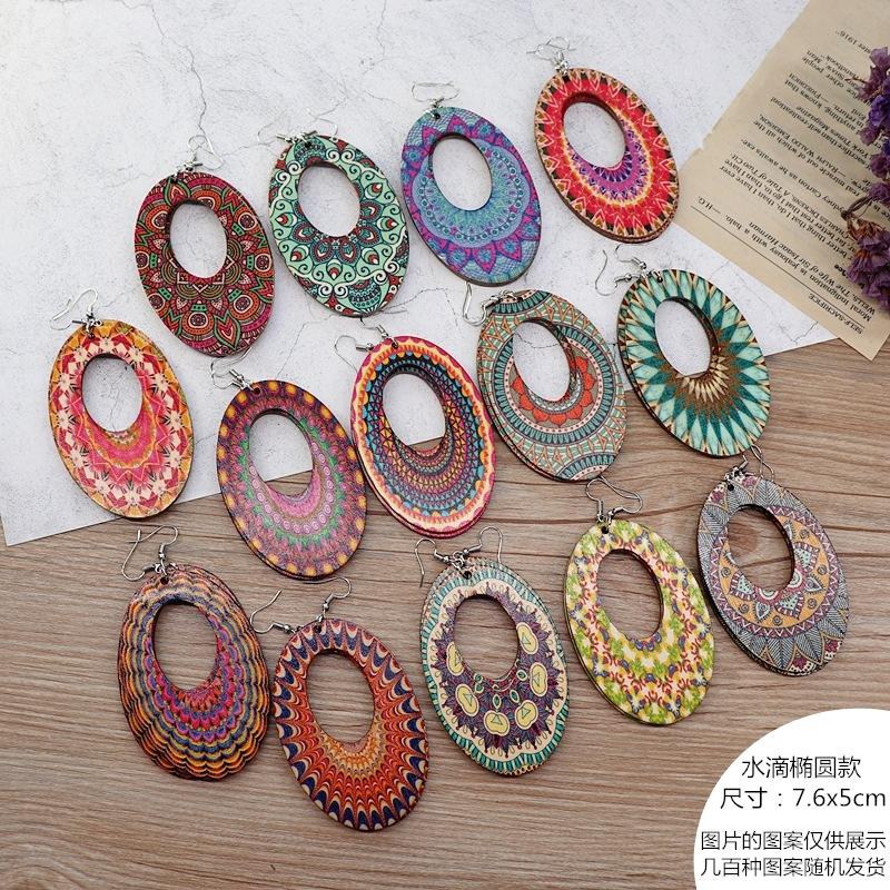 Bohemian vacation style wooden earrings retro personality exaggerated print earrings femininity long earrings