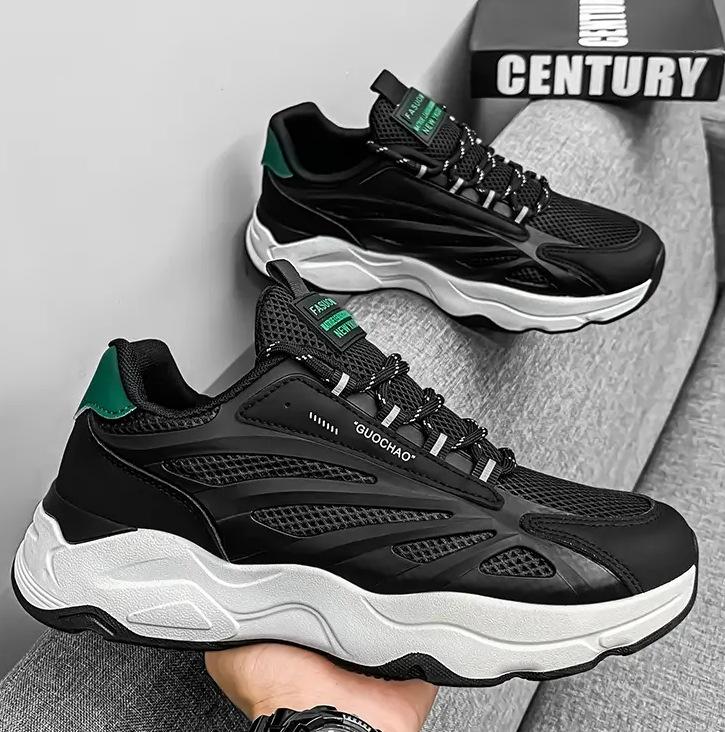 Men's Shoes 2024 New Autumn Mesh Breathable Non-slip Running Sneakers Thick-soled Heightening Black Versatile Dad Shoes