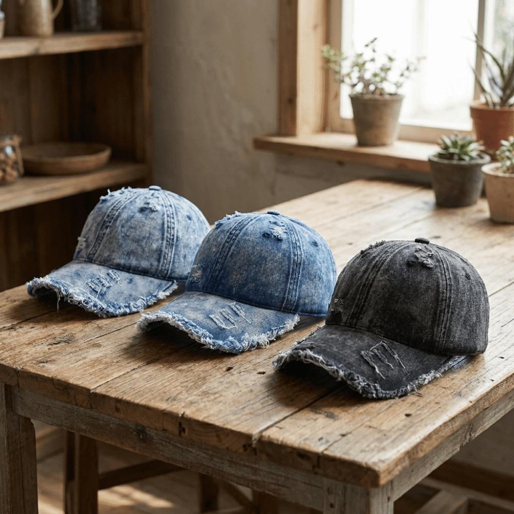 Distressed Ripped Fringe Denim Baseball Cap Vintage Washed Peaked Cap Street Style Dad Hat Travel