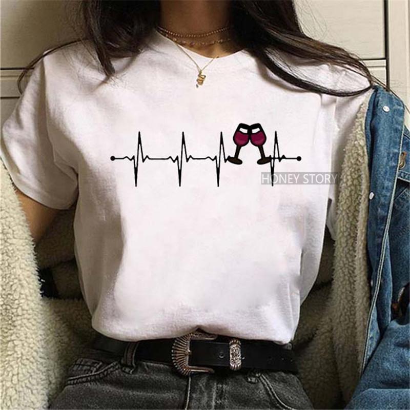 

Romantic Red Wine Glass Electrocardiogram Printing Women S Casual T-Shirt Student Loose Backing Round Neck Short Sleeve Street Tide S