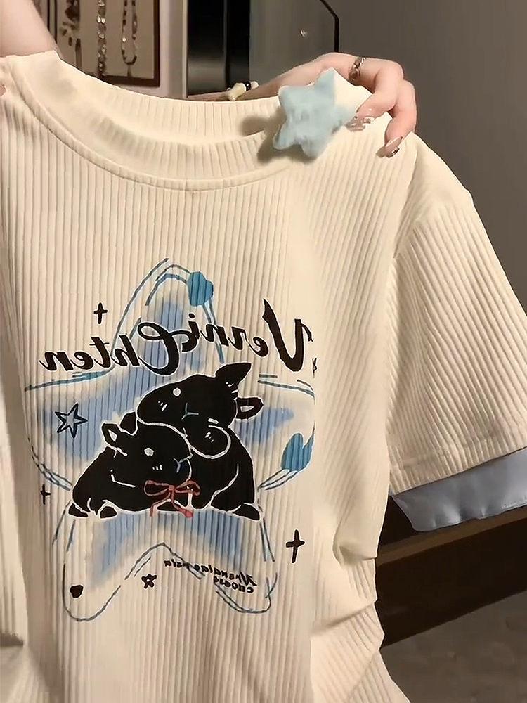 Mädchen Niedliche T-Shirts Kurzer Stil Y2K Tees Sweat Rundhals Lässige T-Shirts Für Frauen