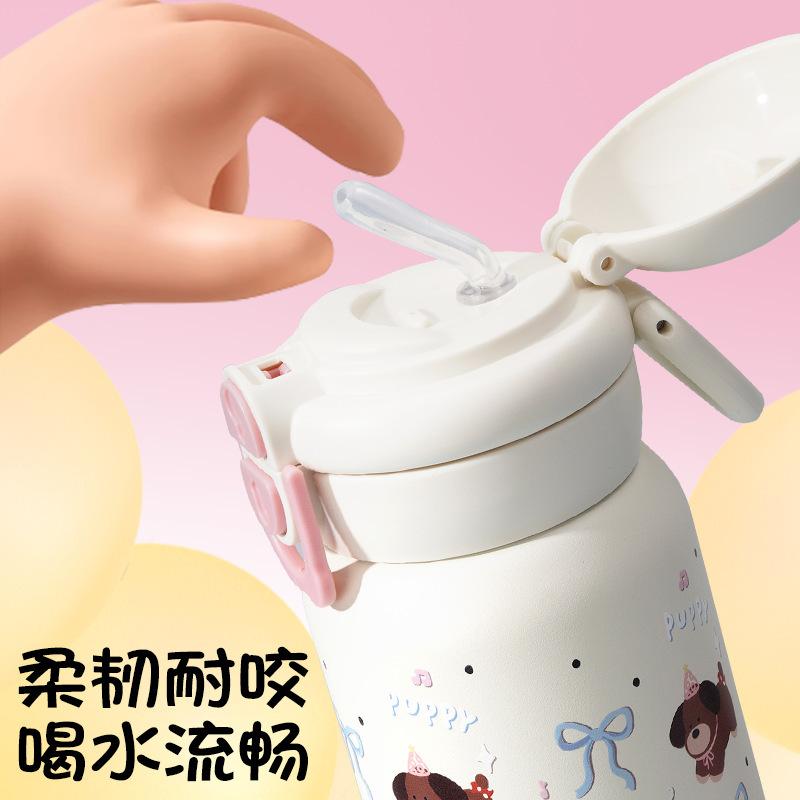 Thermos Cup Children's Double Drinking Cup Stainless Steel Light Luxury Straw Cup Student Portable Water Cup Bouncing Cup