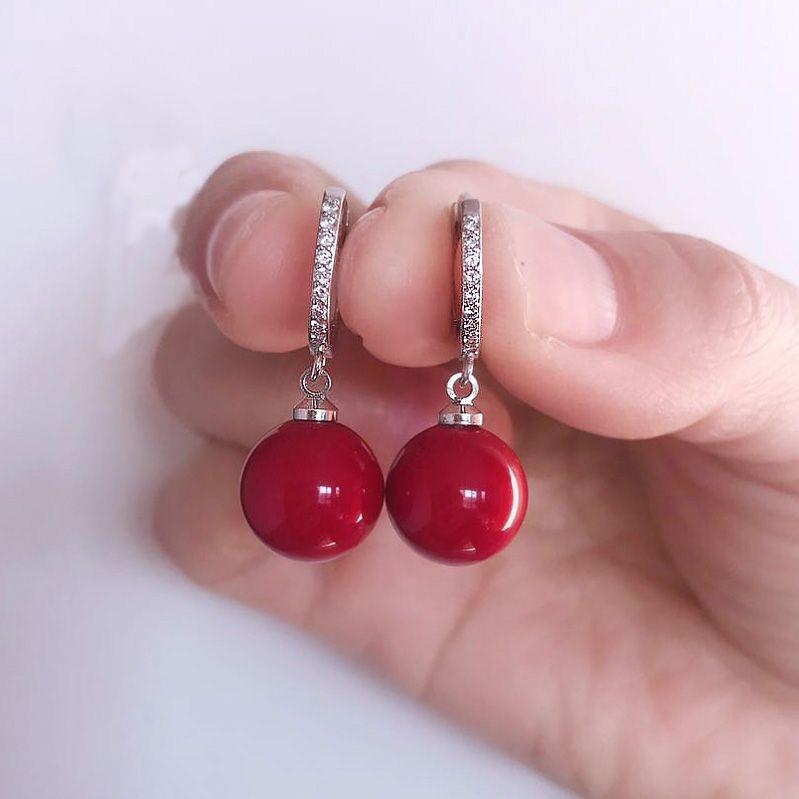 Exquisite Red Pearl Earrings, 925 Silver Needle, Micro-Inlaid, Versatile French Ear Jewelry