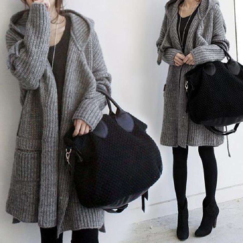 Korean autumn and winter women's clothing loose thick stick needle wool medium and long hooded thickened large sweater cardigan jacket