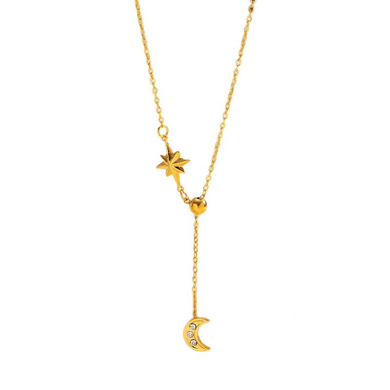 European and American Style Star Moon Titanium Steel Necklace, Simple Collarbone Chain Pendant, Electroplated 18K Gold Stainless Steel Necklace
