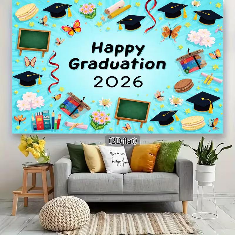 2D Cute Graduation 2026 Banner, Light Blue with Butterflies and Macarons