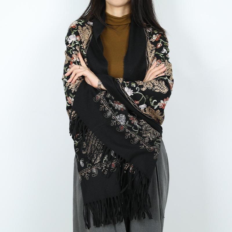 New embroidered women's scarf travel wear with fringed ethnic flowers outside with shawl windproof warm scarf