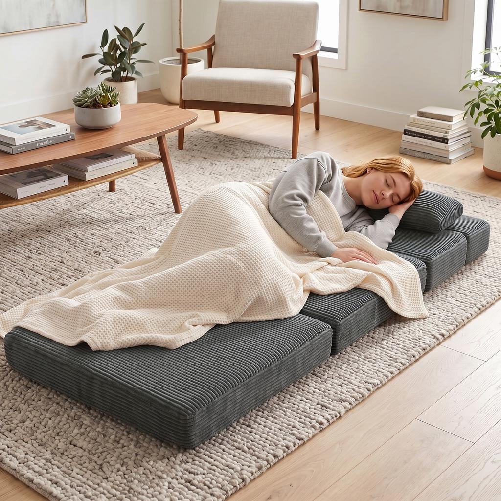 Floor Chair with Back Support, Corduroy Boneless Cloud Foldable Sleeper Sofa with Thick Padding, Dark Grey