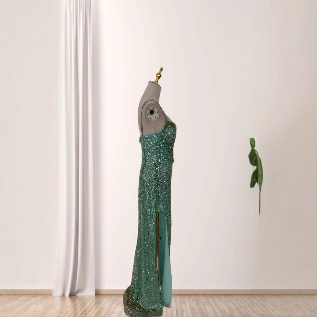 Europe and the United States popular suspender heavy industry beads slim hip high split bright party evening dress