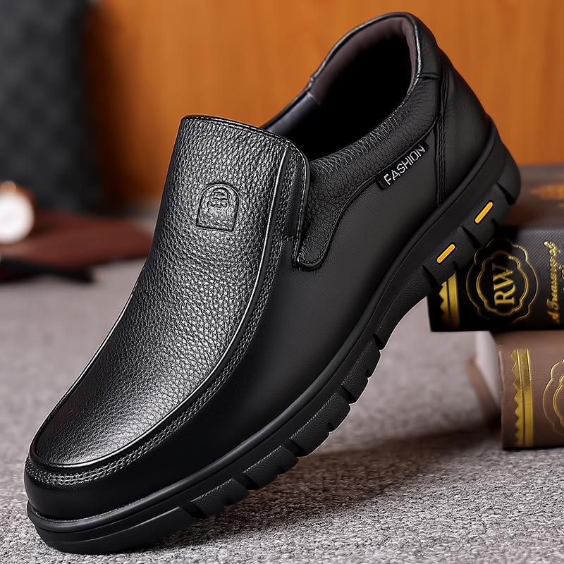 Men's Genuine Leather Slip-On Business Casual Shoes - Soft Sole for Middle-Aged & Elderly, New Spring & Autumn Cowhide Dad Style.