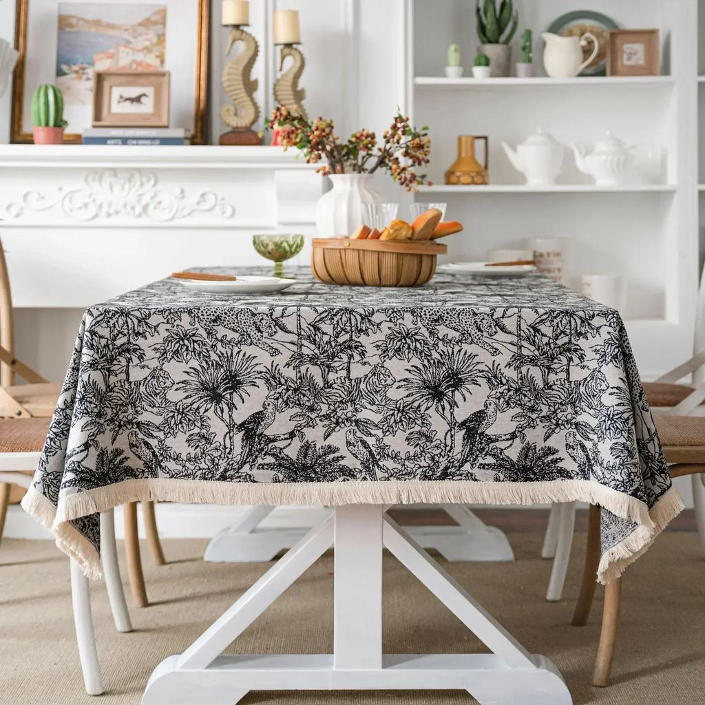 Kwastrand Katoen Linnen Tafelkleed Rood Feestdagen Jacquard Eettafelkleed Bloempatroon Stofdicht Tafelkleed Achtergronddoek
